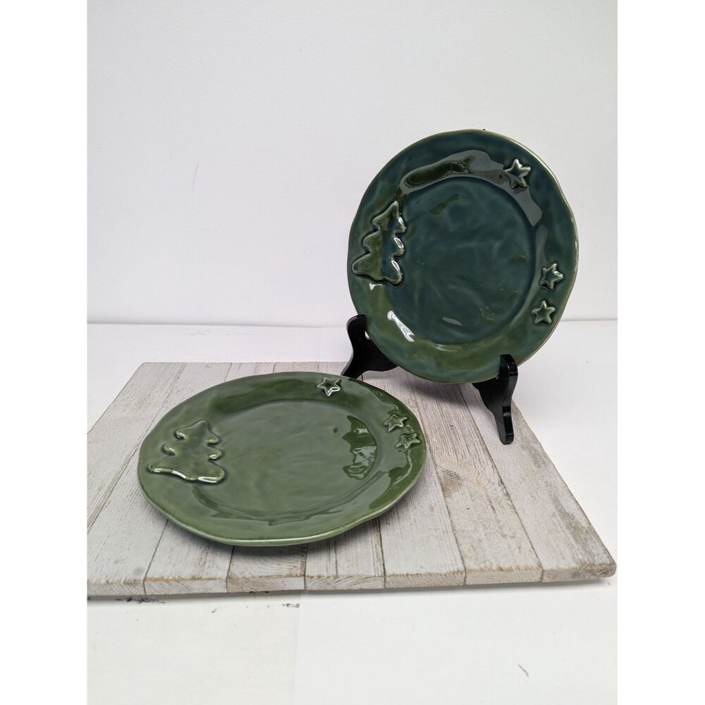 Vintage Set of 2 PARK DESIGNS Very Merry 9” Green Christmas Tree Plates salad